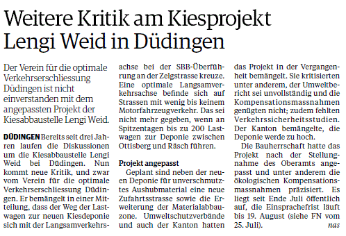Weitere Kritik am Kiesprojekt Lengi Weid in Düdingen